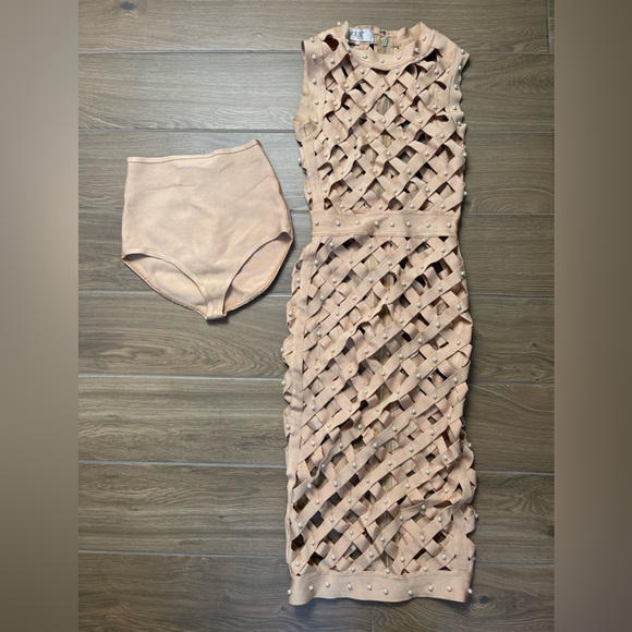 House of CB Felina Nude Cage Midi Bodycon Dress in Beige - size XS - Picture 6 of 9